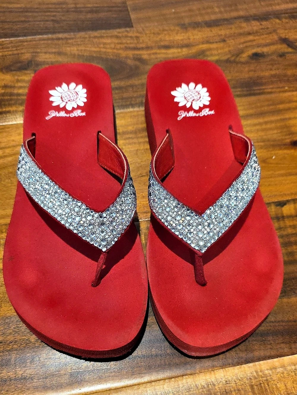 Yellow Box Red & Silver Rhinestone Flip-Flop Sandals